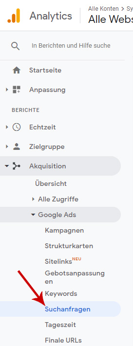 Google Analytics Menü