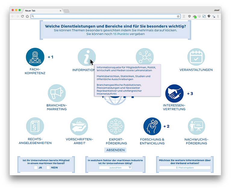 Mock Up der Umfrageseite im Browser im Drupal-CMS