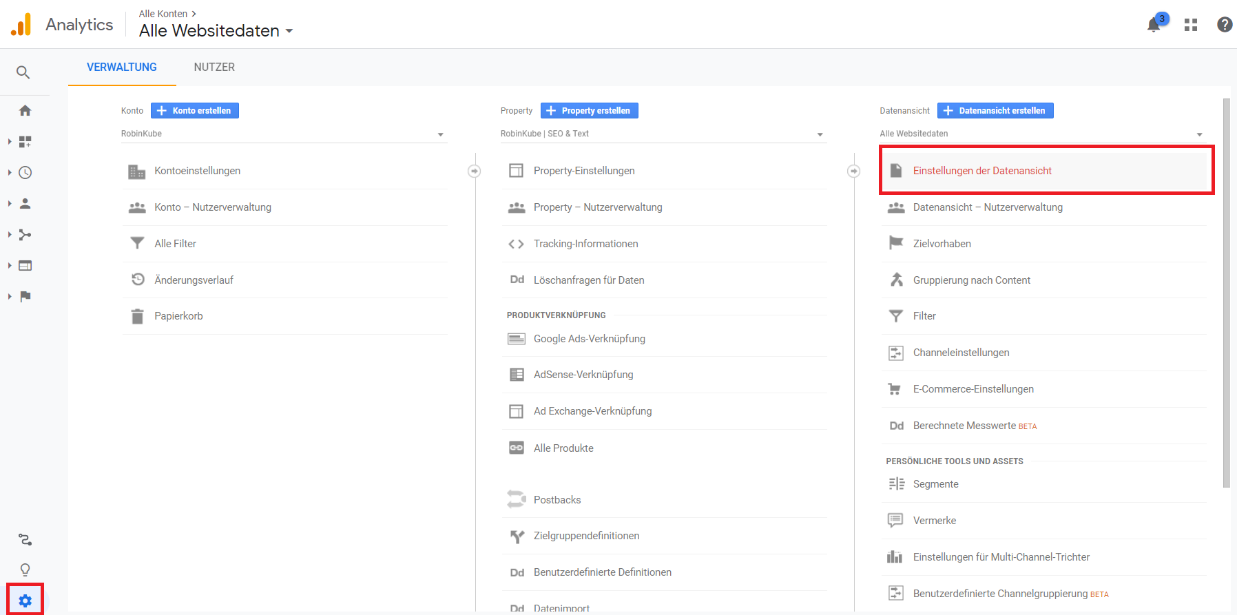 Einstellungen bei Google Analytics