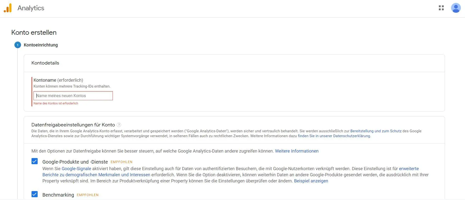 Google Analytics Konto erstellen