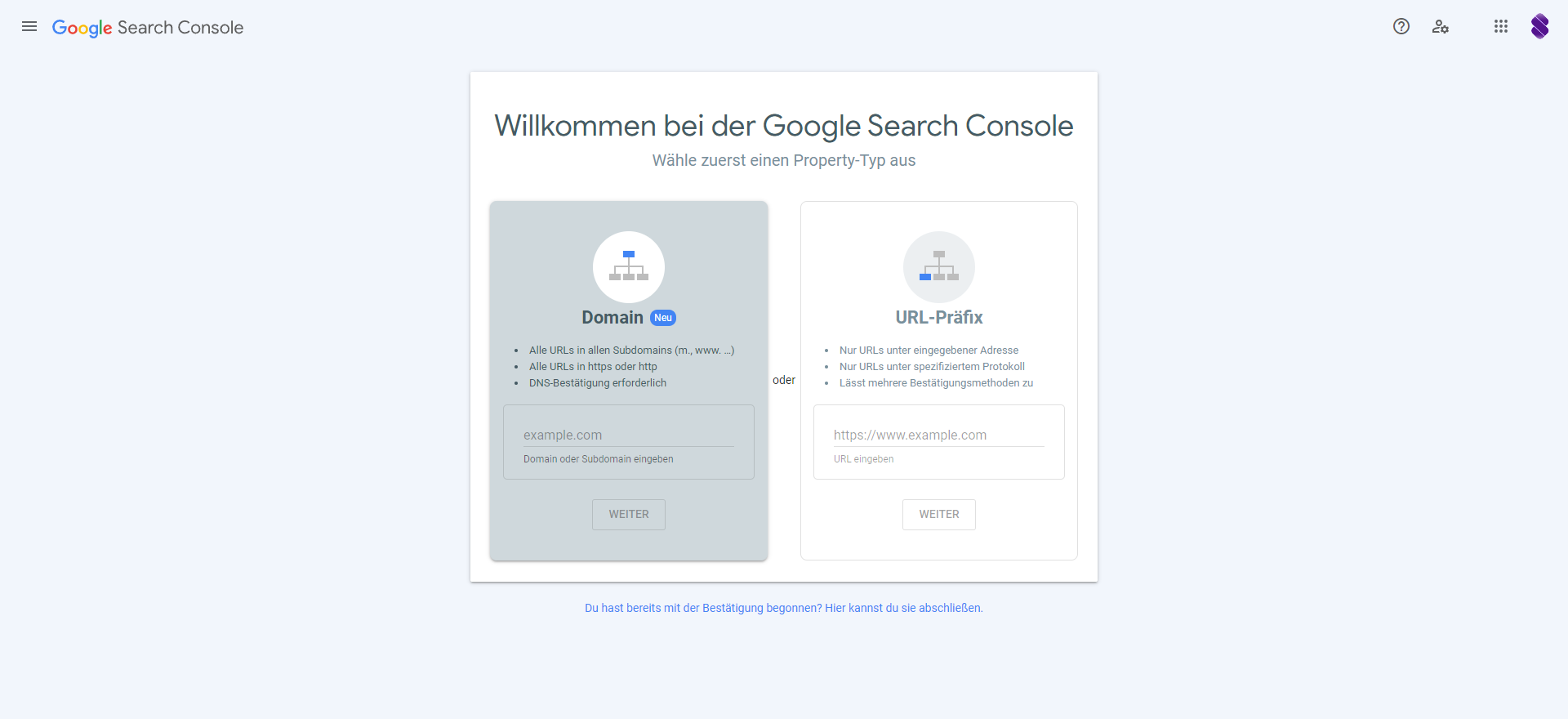 Google Search Console Property-Typ wählen