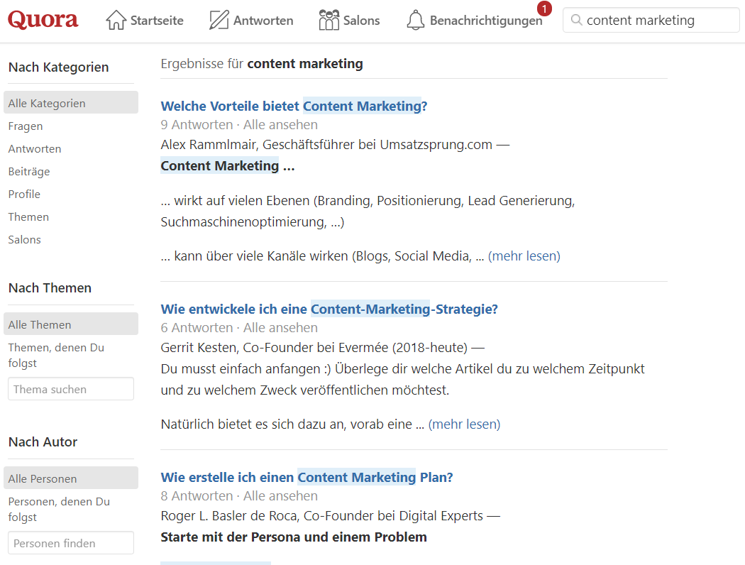 Quora Recherche für content Marketing