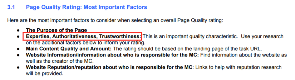 Screenshot: Page Quality Rating - Most Important Factors