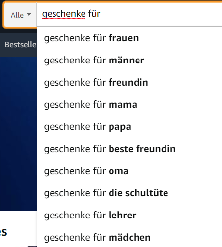 Suchvervollständigung bei Amazon