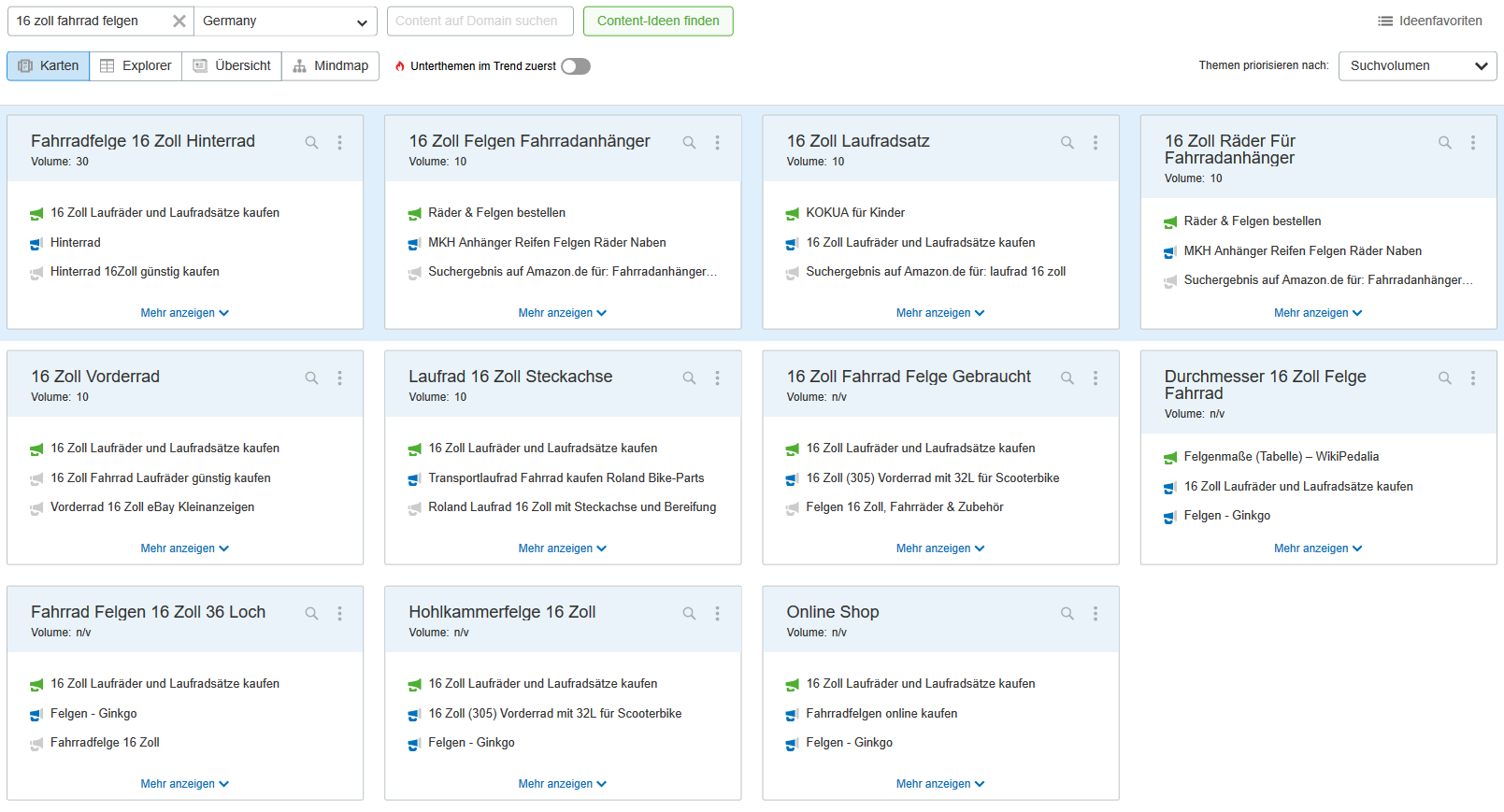 Themenrecherche am Longtail-Keyword - 16 zoll fahrrad felgen