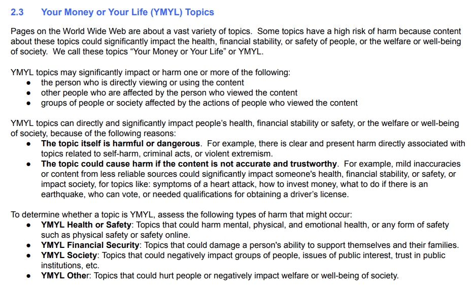 Screenshot: Your Money or Your Life (YMYL) Topics
